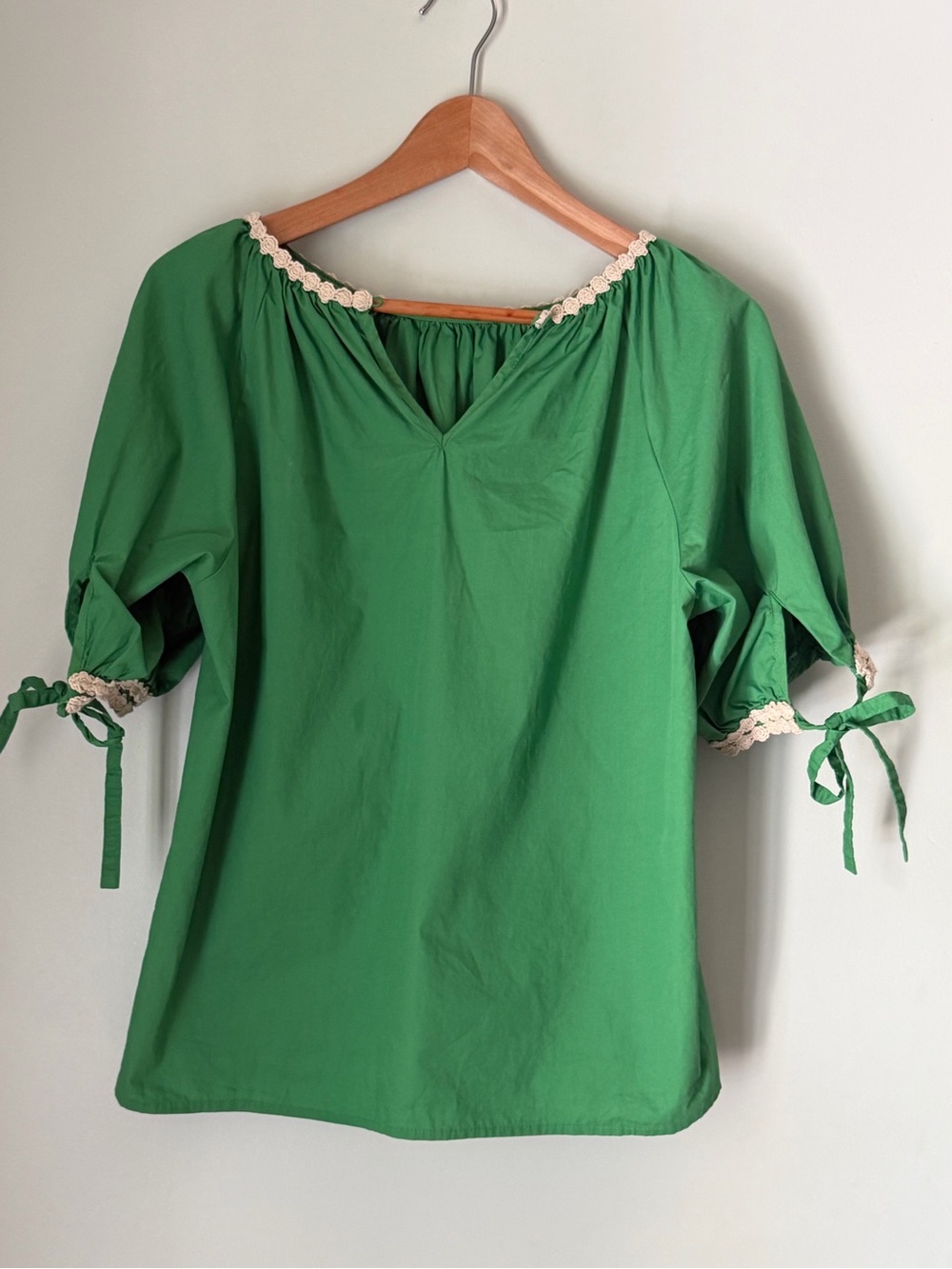 Anthropologie Short Sleeve Deco Trim Popover Green Cotton Puff Sleeve Blouse L - Picture 1 of 7